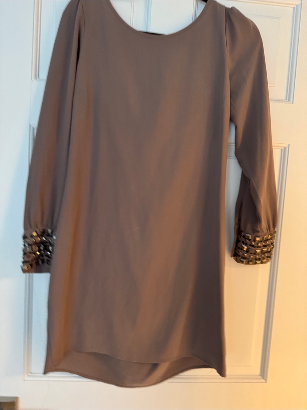 Romeo & Juliet Couture Taupe Long Sleeve Shift Dress with Beaded Cuffs
